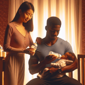A parent holding a baby bottle while another parent prepares a bottle, in a bright, cozy nursery setting, demonstrating shared feeding responsibilities in a professional style