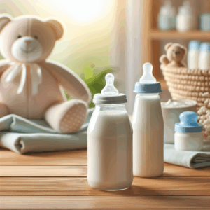 close-up van een fles met hypoallergene melkvoeding op een houten tafel, met babyproducten op de achtergrond in een zachte, natuurlijke setting