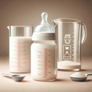 close-up van een flesvoeding met een nauwkeurig afgemeten hoeveelheid formule, met een meetglas en een maatlepel op de achtergrond.