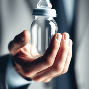 close-up van een hand die een glazen babyfles vasthoudt, met een focus op de transparantie en kwaliteit van het glas, in een professionele setting}