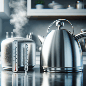 close-up van een susb een waterkoker die water kookt, gevolgd door een thermometer die 37°C aangeeft, in een schone keuken