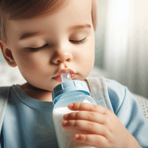 Een professionele, gedetailleerde afbeelding van een baby die rustig aan een fles drinkt, met focus op de fles en speen, in een lichte, rustige omgeving.
